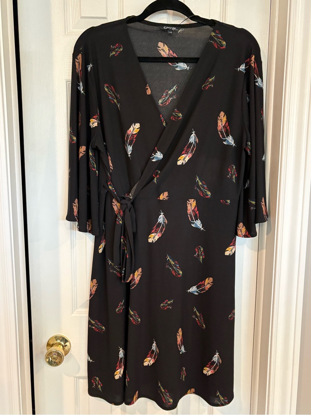 George Black Faux Wrap Dress with Colorful Feather Print